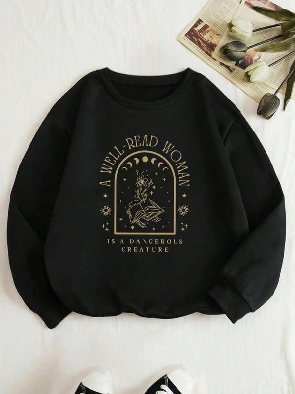 Women'WB shield Letter & Book Print Round Neck Sweatshirt, Casual Long Sleeve Crew Neck Pullover for Daily Wear, Ladies...