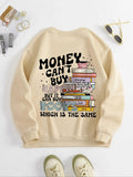 Women'WB shield Letter & Book Print Round Neck Sweatshirt, Casual Long Sleeve Crew Neck Pullover for Spring & Fall,...