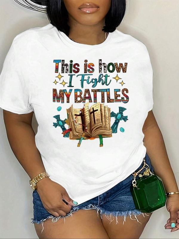 Women'WB shield Letter & Book Print Round Neck Tee, Casual Crew Neck Short Sleeve T-shirt, Ladies Summer TNF for Daily...