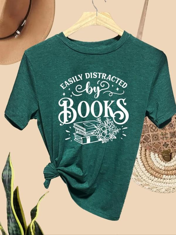 Women'WB shield Letter & Book Print Round Neck Tee, Casual Short Sleeve T-shirt for Daily Wear, Ladies TNF for Spiky hair...