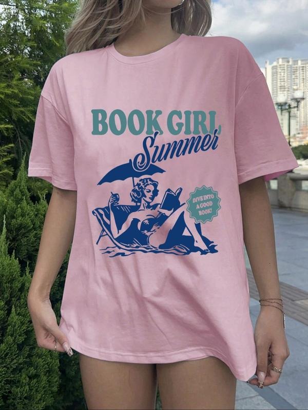Women'WB shield Letter & Book Print Round Neck Tee, Casual Short Sleeve T-shirt for Summer, Ladies TNF for Daily Wear,...