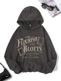 Women'WB shield Letter & Books Print Hoodie, Retro Casual Drop Shoulder Long Sleeve Hooded Sweatshirt, Ladies TNF for...