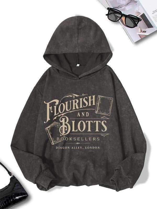 Women'WB shield Letter & Books Print Hoodie, Retro Casual Drop Shoulder Long Sleeve Hooded Sweatshirt, Ladies TNF for...