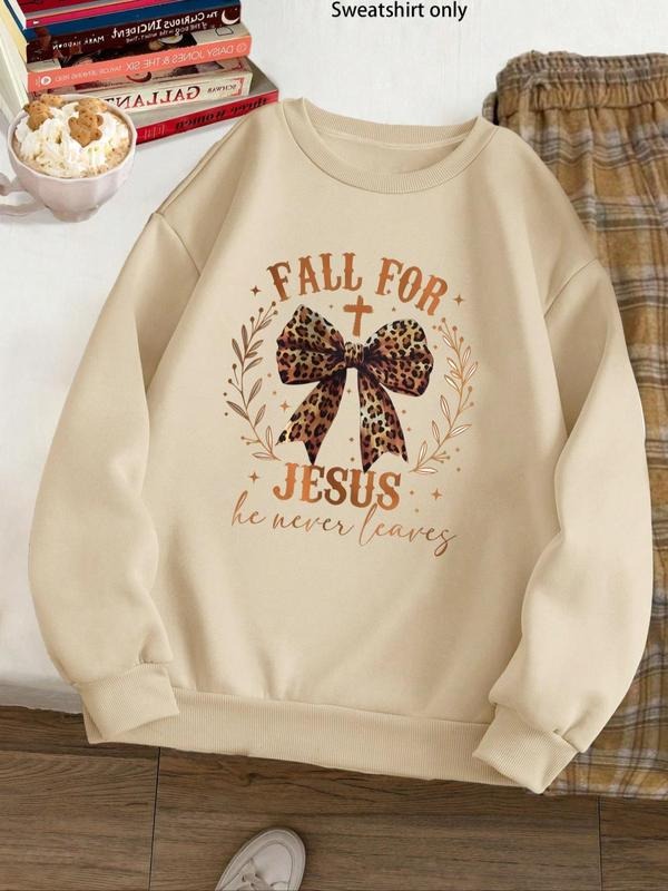 Women'WB shield Letter & Bow Print Crew Neck Sweatshirt, Casual Long Sleeve Pullover for Fall & Winter, Women'WB shield...