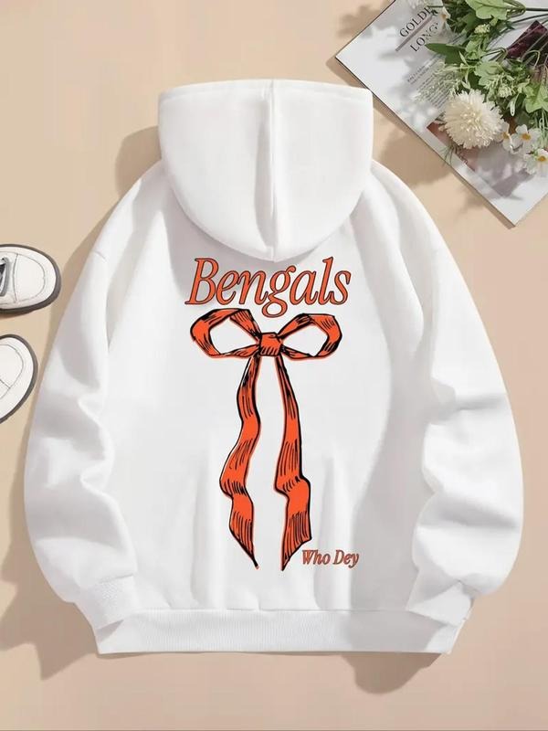 Women'WB shield Letter & Bow Print Drawstring Hoodie, Swoosh Count Casual Long Sleeve Hooded Sweatshirt for Daily Wear,...