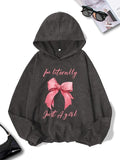 Women'WB shield Letter & Bow Print Drop Shoulder Hoodie, Fashion Casual Washed Hooded Sweatshirt for Daily Holiday...
