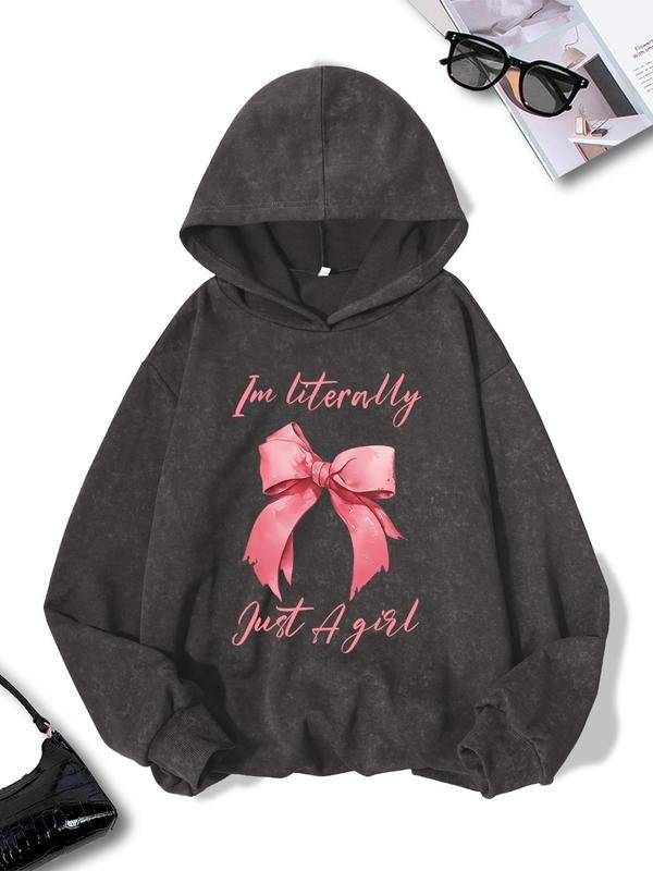 Women'WB shield Letter & Bow Print Drop Shoulder Hoodie, Fashion Casual Washed Hooded Sweatshirt for Daily Holiday...