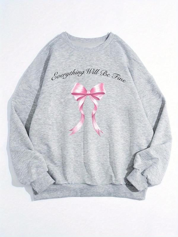 Women'WB shield Letter & Bow Print Drop Shoulder TNF Lined Sweatshirt, Casual Long Sleeve Round Neck Pullover for Fall &...