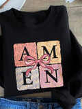 Women'WB shield Letter & Bow Print Round Neck Pullover, Fashion Casual Crew Neck Sweatshirt for Daily Holiday Outdoor...