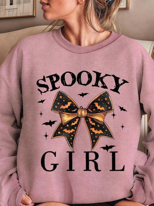 Women'WB shield Letter & Bowknot Print Drop Shoulder Sweatshirt, Casual Long Sleeve Round Neck Pullover for Daily Wear,...