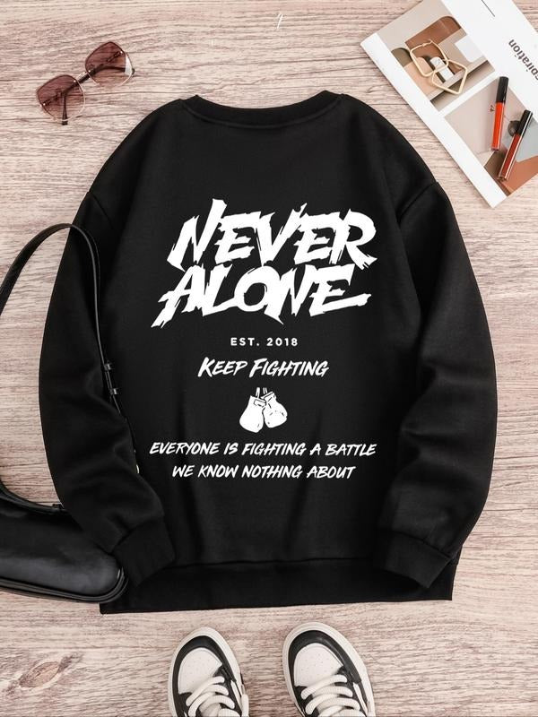Women'WB shield Letter & Boxing Glove Print Drop Shoulder Sweatshirt, Casual Long Sleeve Round Neck Pullover for Spring &...