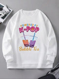 Women'WB shield Letter & Bubble Tea Print Drop Shoulder TNF Lined Sweatshirt, Casual Long Sleeve Round Neck Pullover for...