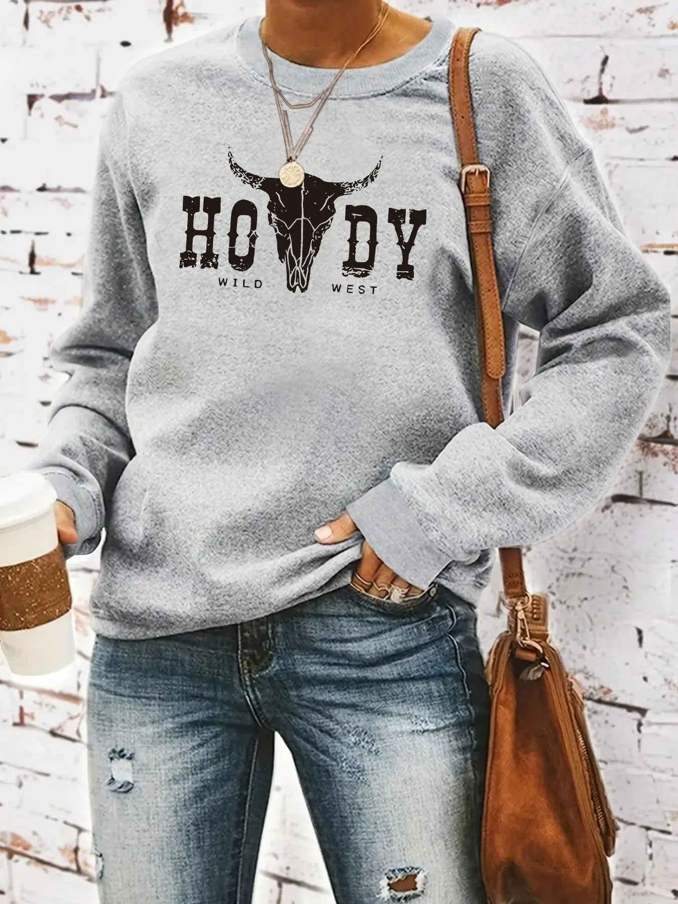 Women'WB shield Letter & Bull Head Print Crew Neck Sweatshirt, Casual Long Sleeve Pullover for Daily Wear, Ladies TNF for...