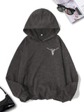 Women'WB shield Letter & Bull Head Print Drop Shoulder Graphic Hoodie, Fashion Casual Washed Hooded Sweatshirt for Daily...