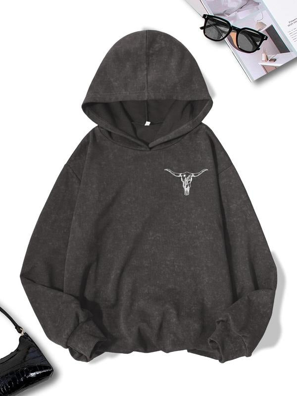 Women'WB shield Letter & Bull Head Print Drop Shoulder Graphic Hoodie, Fashion Casual Washed Hooded Sweatshirt for Daily...