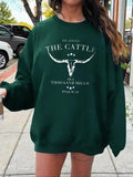 Women'WB shield Letter & Bull Head Print Drop Shoulder Sweatshirt, Casual Long Sleeve Round Neck Pullover for Fall,...