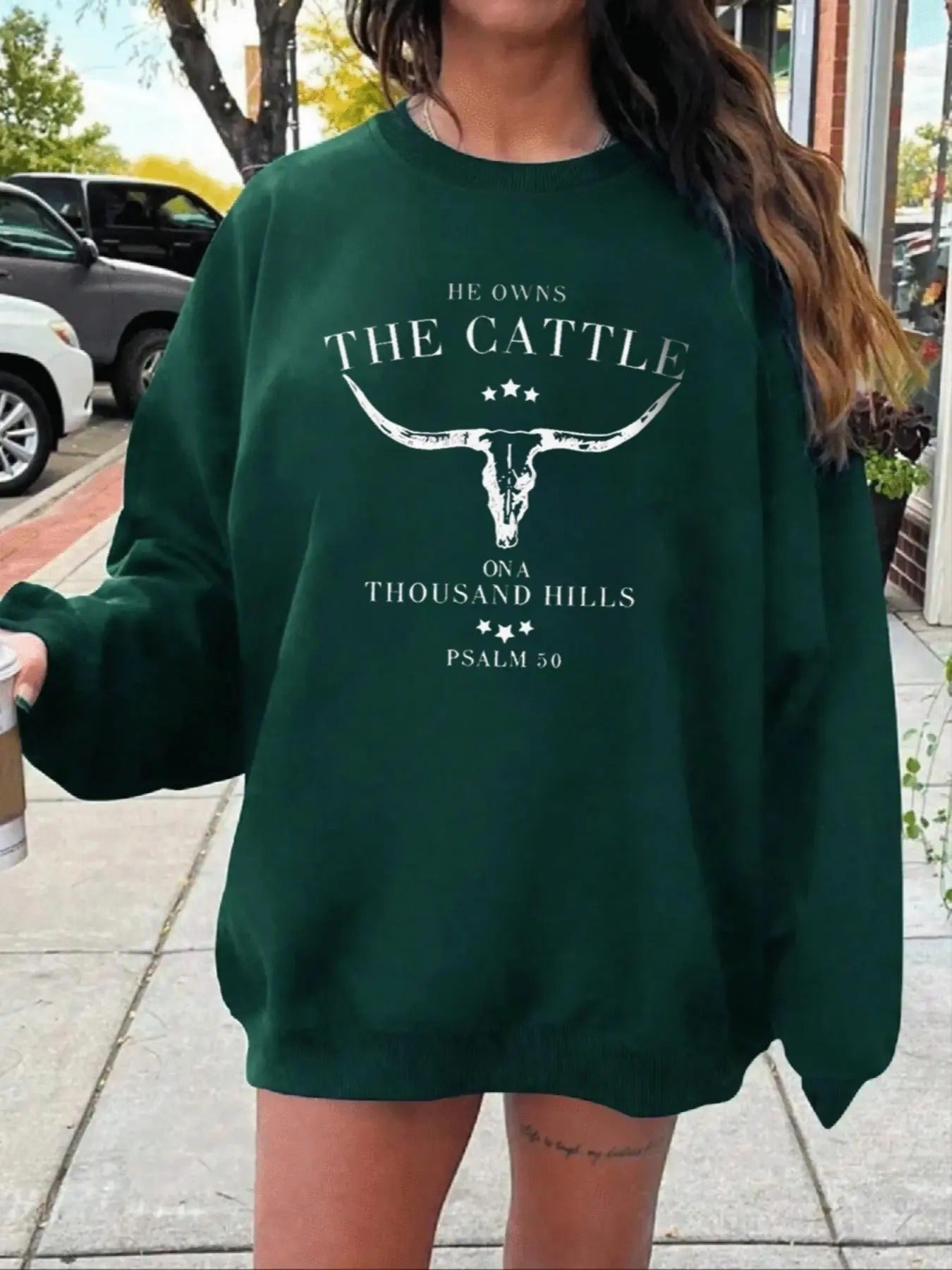 Women'WB shield Letter & Bull Head Print Drop Shoulder Sweatshirt, Casual Long Sleeve Round Neck Pullover for Fall,...