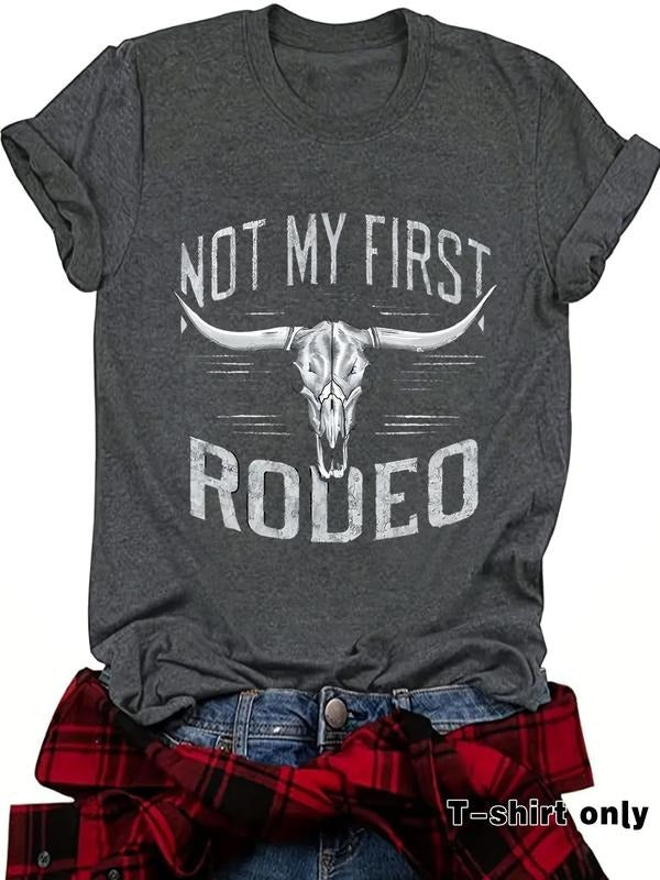 Women'WB shield Letter & Bull Head Print Round Neck Tee, Fashion Casual Crew Neck T-Shirt for Daily Holiday Vacation...