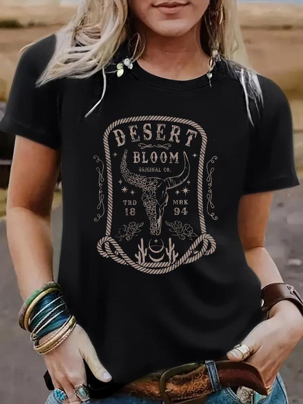 Women'WB shield Letter & Bull Head Print Round Neck Tee, Fashion Casual Short Sleeve T-shirt for Daily Wear, Ladies...