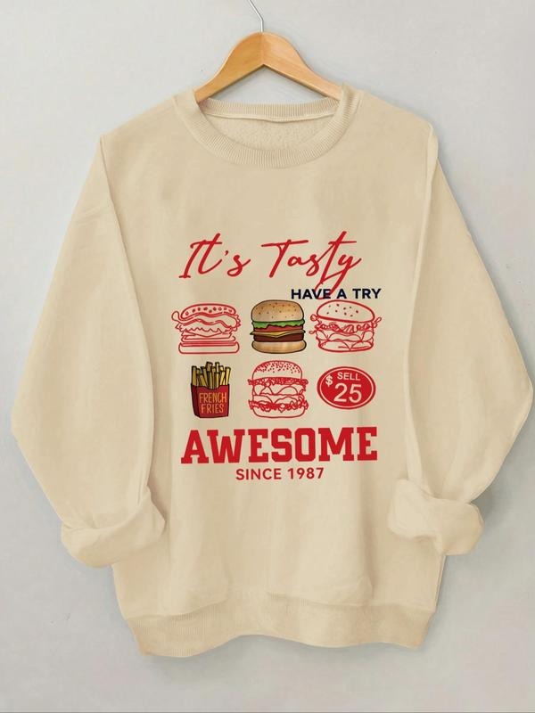 Women'WB shield Letter & Burger Print TNF Lined Sweatshirt, Casual Long Sleeve Round Neck Pullover for Daily Wear, Ladies...
