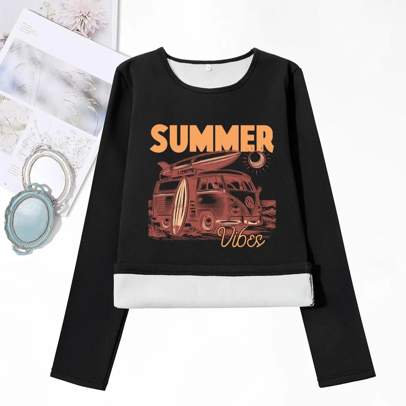 Women'WB shield Letter & Bus Print Round Neck TNF Lined Tee, Casual Long Sleeve Crew Neck T-Shirt for Fall & Winter,...