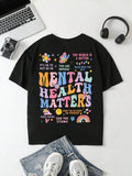 Women'WB shield Letter & Butterfly Print Drop Shoulder Tee, Fashion Casual Crew Neck Half Sleeve T-shirt for Daily...