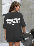 Women'WB shield Letter & Butterfly Print Round Neck Tee, Fashion Casual Crew Neck T-Shirt for Daily Holiday Vacation...