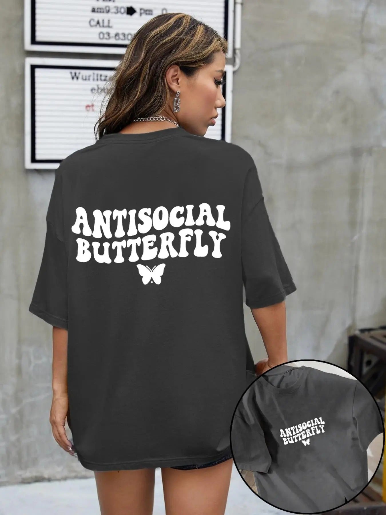 Women'WB shield Letter & Butterfly Print Round Neck Tee, Fashion Casual Crew Neck T-Shirt for Daily Holiday Vacation...