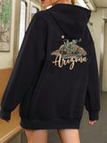 Women'WB shield Letter & Cactus Print Drop Shoulder Hoodie, Fashion Casual Drawstring Pocket Hooded Sweatshirt for Daily...