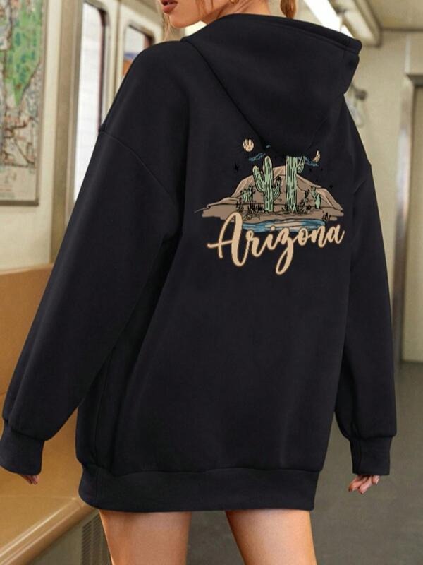 Women'WB shield Letter & Cactus Print Drop Shoulder Hoodie, Fashion Casual Drawstring Pocket Hooded Sweatshirt for Daily...