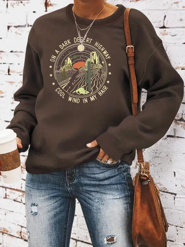 Women'WB shield Letter & Cactus Print Round Neck Pullover, Fashion Casual Crew Neck Sweatshirt for Daily Holiday Outdoor...