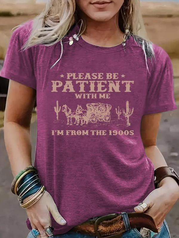 Women'WB shield Letter & Cactus Print Round Neck Tee, Fashion Casual Short Sleeve T-shirt for Daily Wear, Ladies Summer...