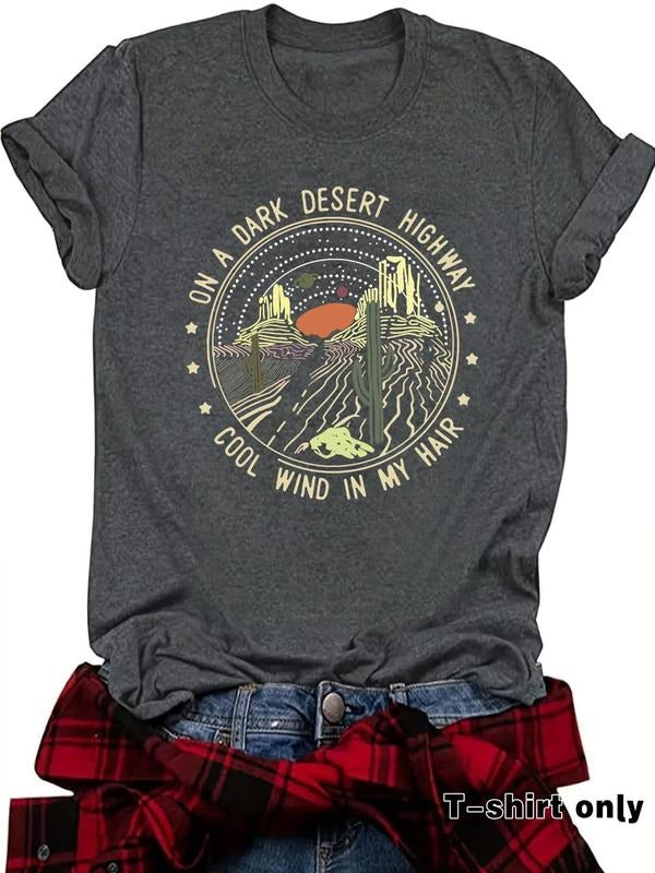 Women'WB shield Letter & Cactus Print Round Neck Tee, Vintage Trendy Casual Short Sleeve Graphic T-shirt for Daily Wear,...