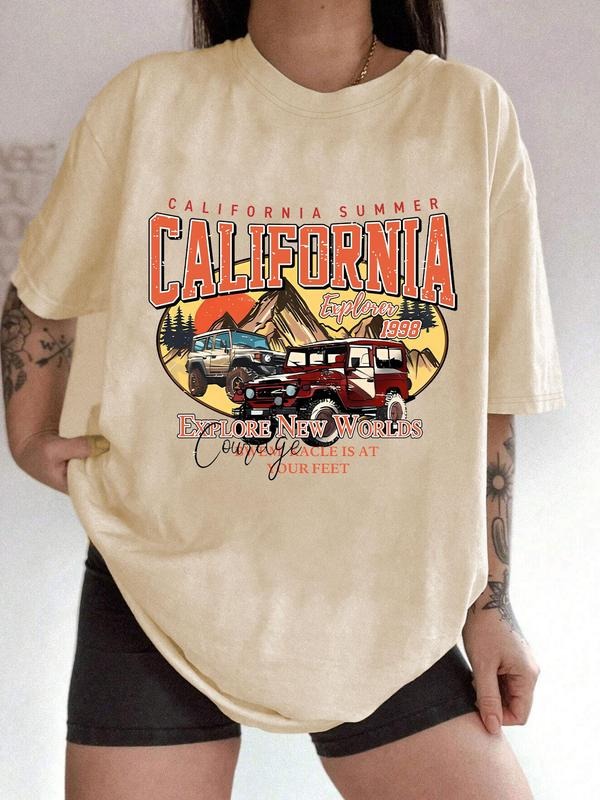 Women'WB shield Letter & California Print Drop Shoulder Tee, Casual Half Sleeve Round Neck T-shirt for Summer, Women'WB...