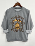 Women'WB shield Letter & Campfire Print Crew Neck Sweatshirt, Casual Long Sleeve Pullover for Fall & Winter, Women'WB...