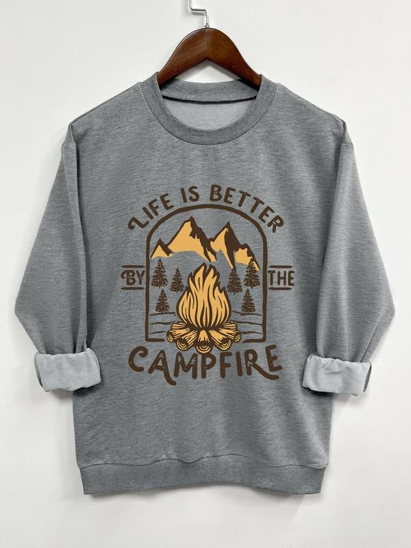 Women'WB shield Letter & Campfire Print Crew Neck Sweatshirt, Casual Long Sleeve Pullover for Fall & Winter, Women'WB...