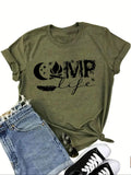 Women'WB shield Letter & Camping Print Round Neck Tee, Casual Short Sleeve Crew Neck T-shirt for Daily Wear, Ladies TNF...