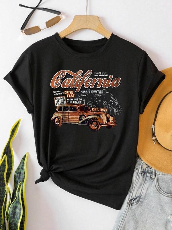 Women'WB shield Letter & Car Print Short Sleeve Tee, Summer TNF Women, Casual Round Neck Graphic T-shirt For Summer,...