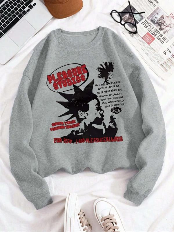 Women'WB shield Letter & Cartoon Print Crew Neck Sweatshirt, Casual Long Sleeve Pullover Sweatshirts, Women'WB shield...