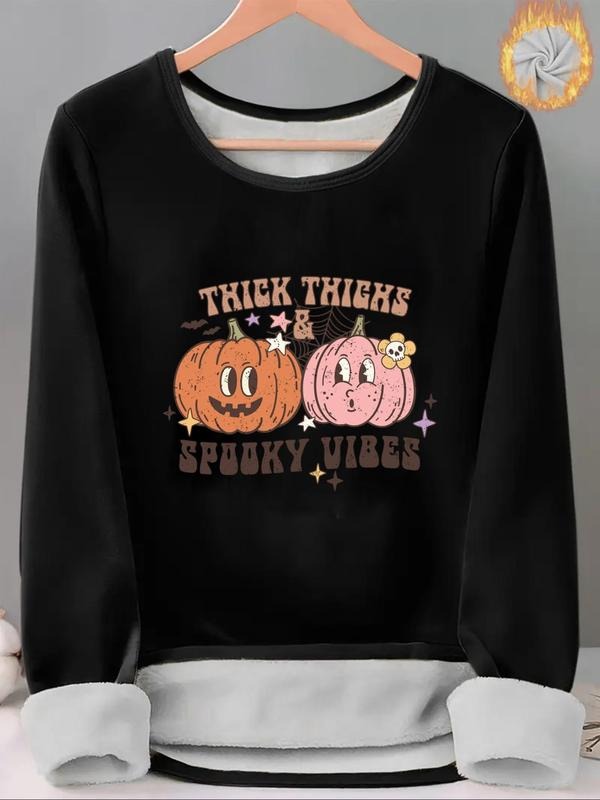Women'WB shield Letter & Cartoon Pumpkin Print TNF Lined Tee, Casual Long Sleeve Round Neck T-shirt for Fall & Winter,...