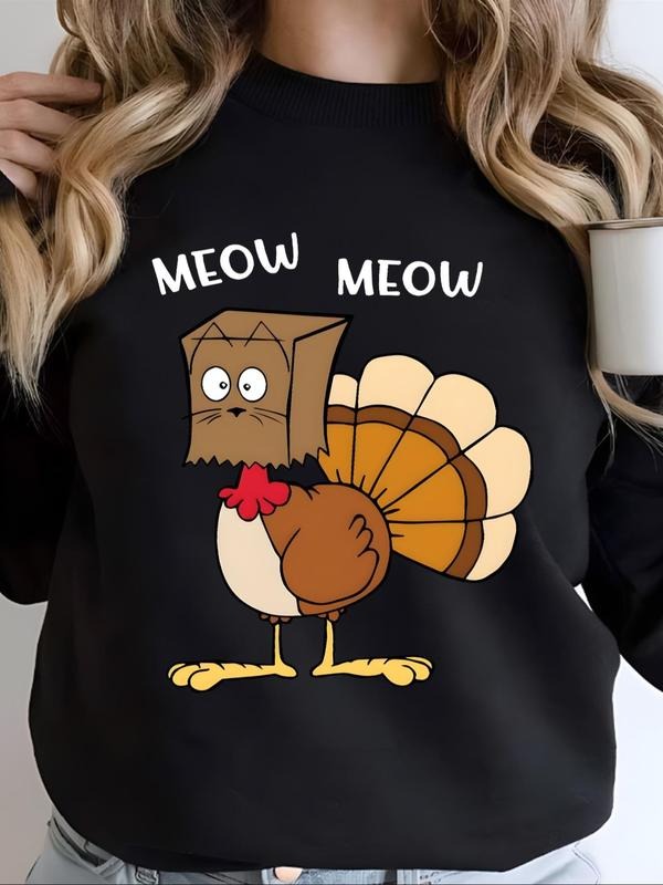 Women'WB shield Letter & Cartoon Turkey Print Crew Neck Sweatshirt, Casual Long Sleeve Pullover for Spring & Fall,...