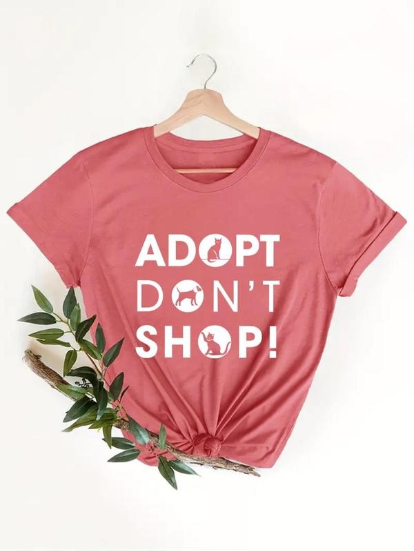 Women'WB shield Letter & Cat & Dog Print Round Neck Tee, Casual Short Sleeve T-shirt for Summer, Ladies TNF for Daily...
