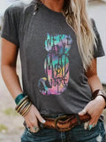 Women'WB shield Letter & Cat Print Round Neck Tee, Fashion Casual Crew Neck T-Shirt for Daily Holiday Vacation Outdoor...