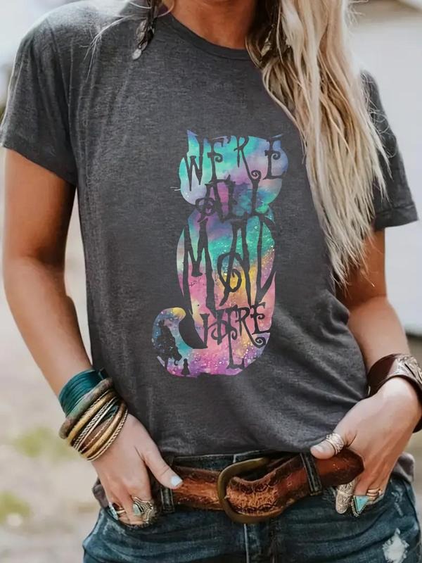 Women'WB shield Letter & Cat Print Round Neck Tee, Fashion Casual Crew Neck T-Shirt for Daily Holiday Vacation Outdoor...