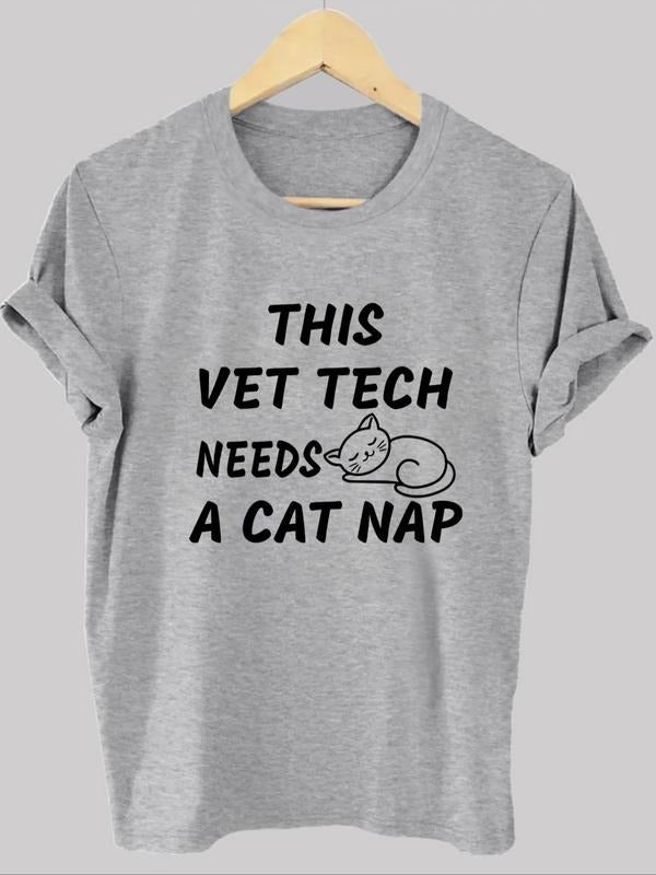 Women'WB shield Letter & Cat Print Round Neck Tee, Fashion Casual Short Sleeve T-shirt for Daily Holiday Vacation Outdoor...