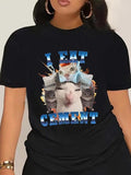 Women'WB shield Letter & Cat Print Round Neck Tee, Trendy Casual Short Sleeve T-Shirt for Daily Wear, Ladies Spring &...