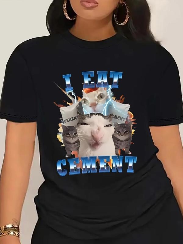 Women'WB shield Letter & Cat Print Round Neck Tee, Trendy Casual Short Sleeve T-Shirt for Daily Wear, Ladies Spring &...