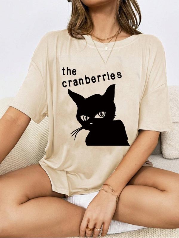 Women'WB shield Letter & Cat Print Round Neck Tee, Vintage Trendy Casual Half Sleeve T-shirt for Daily Wear, Ladies...