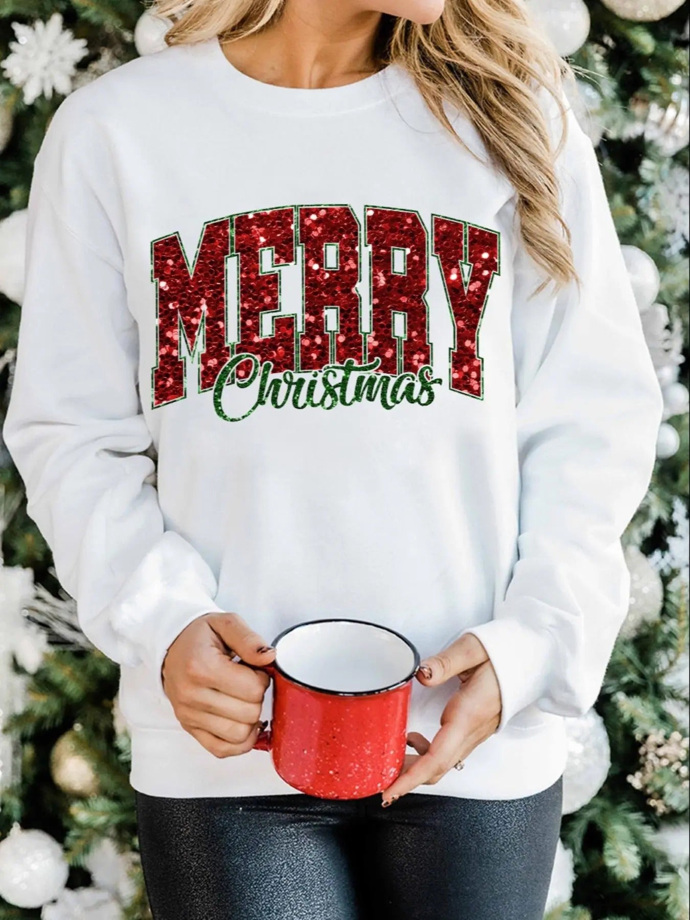 Women'WB shield Letter & Christmas Print Crew Neck Sweatshirt, Casual Long Sleeve Pullover for Spring & Fall, Ladies TNF...