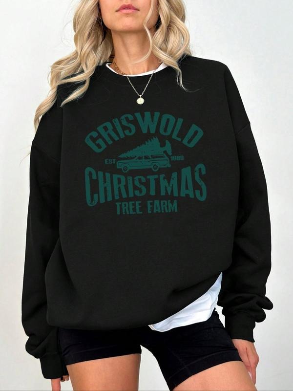 Women'WB shield Letter & Christmas Tree Print Drop Shoulder Sweatshirt, Casual Long Sleeve Round Neck Pullover for Fall &...